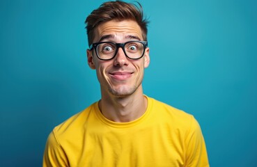 Young man with glasses makes funny face. He wears yellow shirt against blue background. Guy expresses shock or confusion with wide eyes and smile.