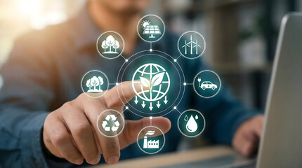 Global perspective on sustainable development and ethical environmental stewardship,symbolizing the vital connection between nature and commerce,visualizing a green earth future.