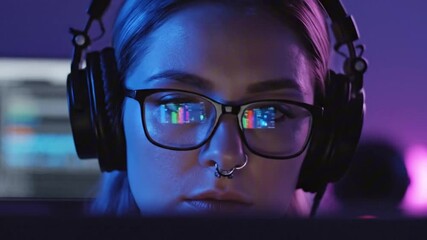 Focused young woman wearing headphones and glasses working at computer at night, intense concentration, technology workflow, gaming or programming in neon light environment.
- Powered by Adobe