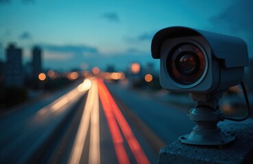 Security camera watches traffic flow on highway at dusk. City lights blur with car light trails. Surveillance system monitors urban area for safety.