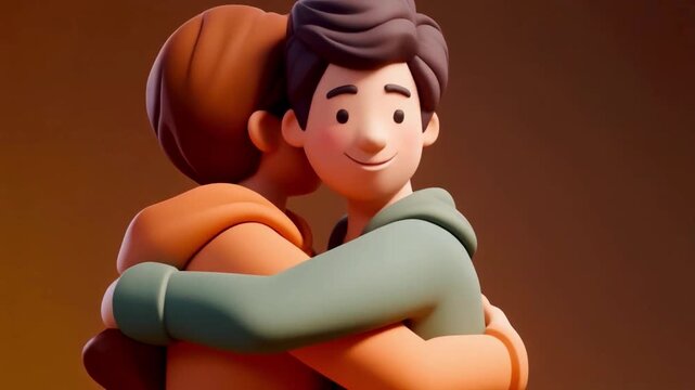 Stylized 2.5D animation of friends hugging happily with rich pastel tones and smooth motion, 4K.