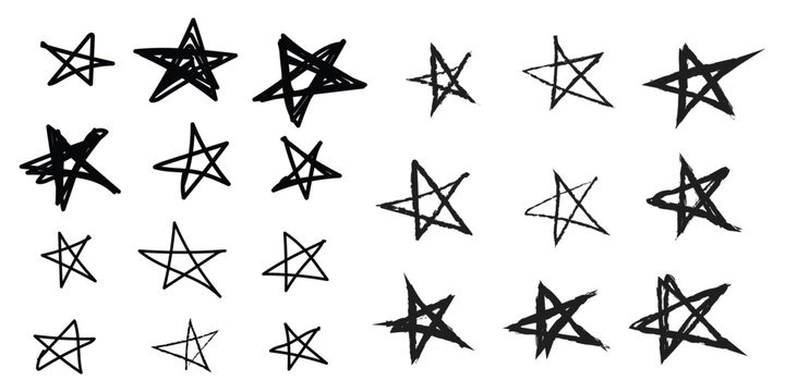 Collection of hand drawn pentagram symbols in various styles and orientations