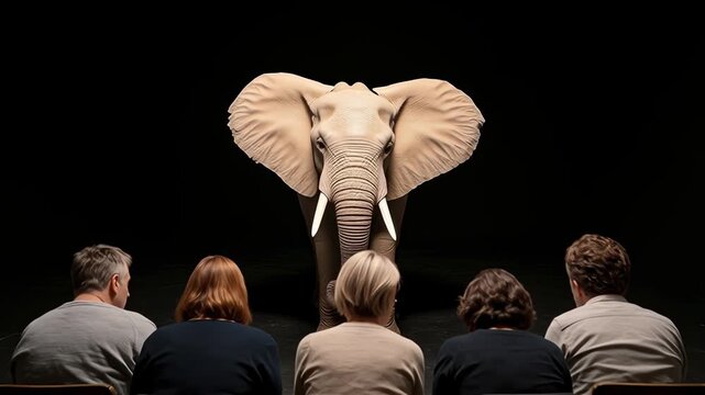 Elephant with large tusks and trunk facing five people dark room, dramatic wildlife scene with focused lighting, large ears, mammal, and intense