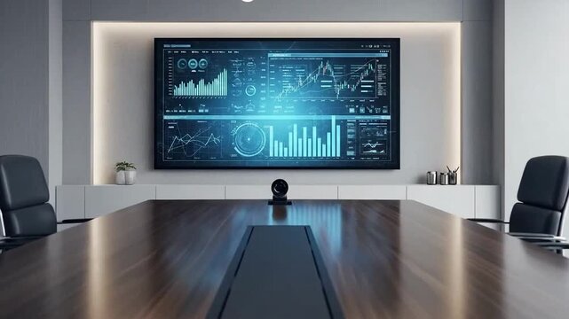Modern Business Conference Room with Long Wooden Table and Data Display Screen