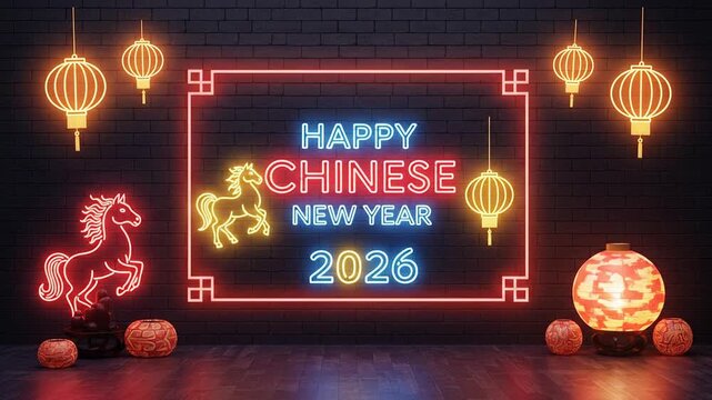 A moody, 3d rendered neon sign wishing "happy chinese new year 2026" with a glowing horse silhouette and traditional lanterns set against a dark brick wall.
