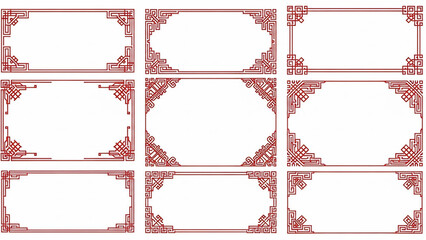 Set of Traditional Chinese Border Frames with Red Geometric Patterns for Lunar New Year and Oriental Design