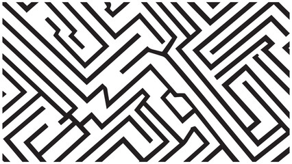 This image features a detailed black and white maze with intricate paths and numerous turns. The maze is composed of thick black lines against a white background
