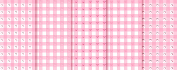 Set of pink Gingham seamless patterns with heart.Sweet pastel checkered backgrounds for Valentine, wedding, and baby shower designs. Romantic vector illustration.
