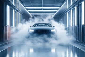 Car emerging from fog in futuristic garage at late night with neon lighting