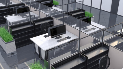 Top view of modular office workstations, partitions, shelving, planters with green plants. 3d illustration