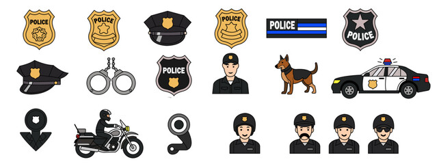 police icon set featuring officers, vehicles, gear, and symbols for law enforcement, safety, and educational design © mmizan