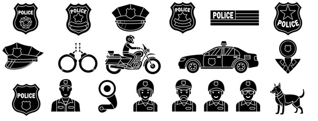 black-and-white police icons featuring officers, vehicles, gear, and surveillance tools for law enforcement and public safety design projects © mmizan