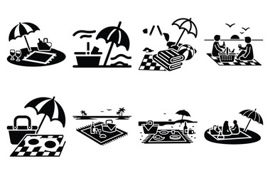 Obraz premium Silhouette of beach picnic vector icon set collection. summer icons concept isolated on white, vector illustration