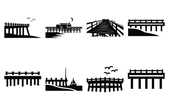 Silhouette of beach pier vector icon set collection. summer icons concept isolated on white, vector illustration