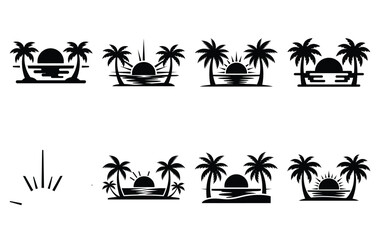 Obraz premium Silhouette of beach sunrise palm vector icon set collection. summer icons concept isolated on white, vector illustration