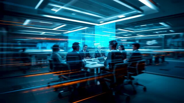 Business team collaborating in high tech conference room with digital screens dynamic lighting and fast paced corporate strategy discussion