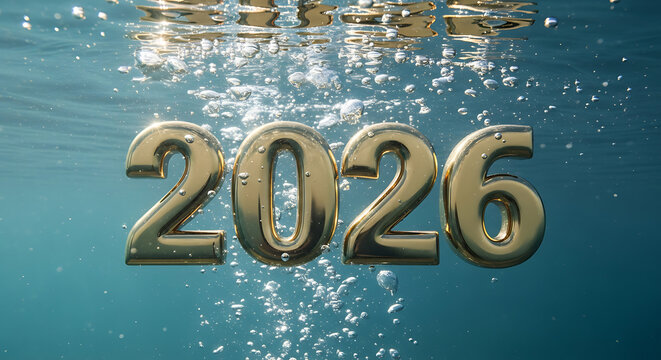 Golden 2026 Numbers Submerged in Clear Blue Water with Shimmering Bubbles