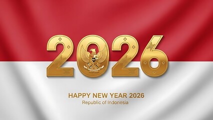 A vibrant depiction of the indonesian flag with golden 2026 new year text and national emblem