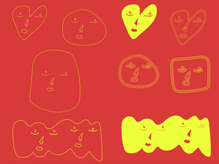 Playful Abstract Yellow Faces Pattern for Decorative Lights - Vibrant Hand-Drawn Design on Red