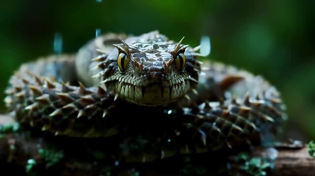 "Close-Up Cinematic Footage: Majestic Venomous Bush Viper with Armor-Like Scales, Intense Gaze into Camera, Coiled in Lush Jungle &ndash; Wildlife, Predator, Exotic, Danger."