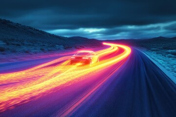 Light trails illuminate a car speeding down a deserted highway at dusk