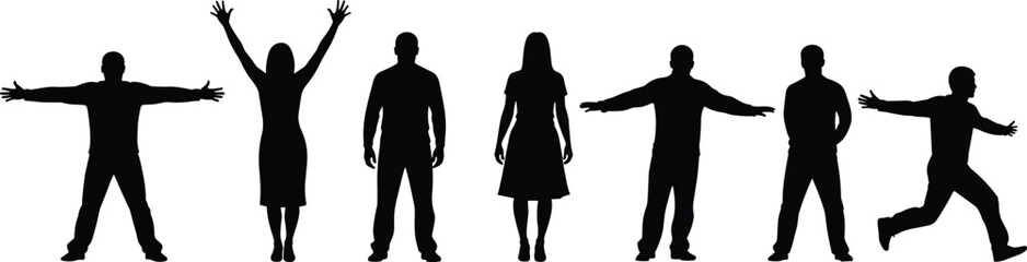 Group of people standing and moving silhouette collection, men and women different poses isolated on white background illustration