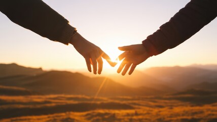 Embrace of the Dawn: The silhouetted hands of two individuals reach toward each other as the sun ascends over a horizon of rolling hills, embodying connection and new beginnings.