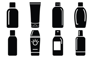 Silhouette of sunscreen bottle vector icon set collection. summer icons concept isolated on white, vector illustration