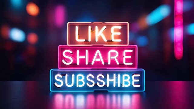 Stacked neon signs with like share subscribe text, glowing typography, vibrant LED lighting, digital engagement message, colorful night background, social media promotion, futuristic style