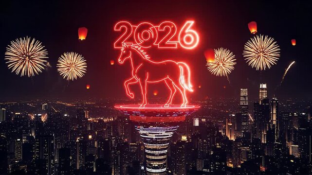 Cinematic digital animation of the red neon chinese zodiac horse and 2026 sign celebrating the new year with spectacular fireworks above a dark, moody city skyline.