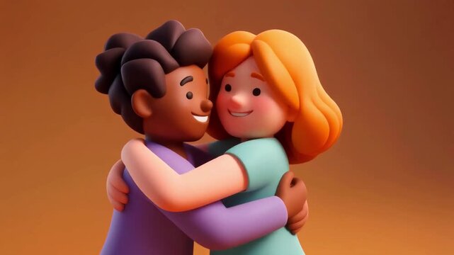 2.5D stylized animated friends hugging happily with soft shadows, smooth motion, and rich pastel tones, 4k cinematic.