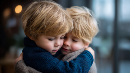 Faceless brothers in emotional moment heavily defocused background anonymous siblings with family bonding brotherly care and support familial connection visualization with