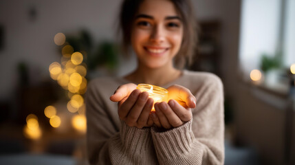 Faceless woman carrying inviting warm smile heavily defocused cozy homely setting background anonymous person with candles adding to comforting ambiance domestic warmth
