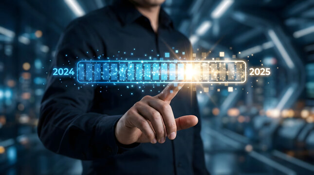 Concept of progress and transition into future,featuring a glowing loading bar moving from 2024 to 2025,symbolizing new year goals,strategic planning,and business growth.