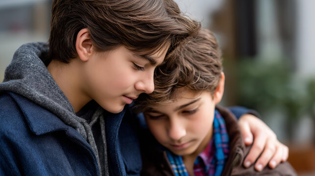 Faceless brothers in emotional moment heavily defocused background anonymous siblings with family bonding brotherly care and support familial connection visualization with