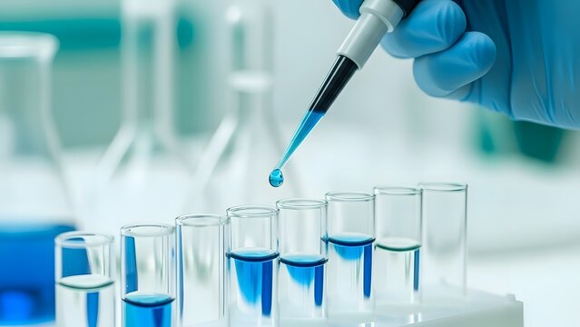 Hand in blue glove using a pipette to dispense blue liquid into test tubes in a laboratory &mdash; symbolic representation of scientific research, medical testing, or pharmaceutical development

