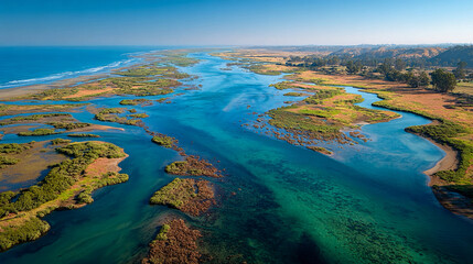 Estuary with tidal channels from aerial view, river meeting sea with meandering waterways, wetland ecosystem, reflective water surfaces, coastal  
