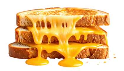 Grilled cheese sandwich oozing with melted cheese on a black background
