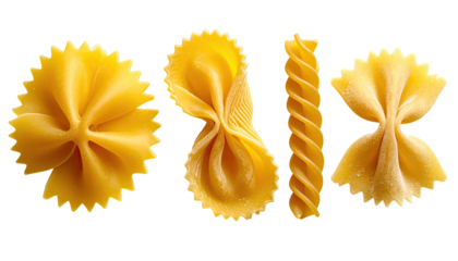 Dry pasta assortment; farfalle, girasole, and fusilli shapes arranged