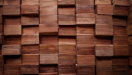 closeup of brown wooden wood wall texture with wooden horizontal blocks cuboids panels in geometric 3d background