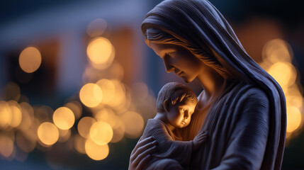 Spiritual figure comforting crying child heavily defocused background soft light creating tender and compassionate scene divine care and empathy religious comfort
