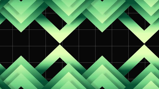 Green geometric arrow shapes on a dark grid background