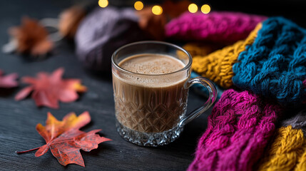 Autumn coffee on dark table heavily defocused background bright multicolored knitted warm scarf with garland and maple leaves seasonal comfort beverage cozy atmosphere with