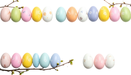 Colorful Easter eggs lined on branches, with flower details, on black