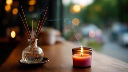 Peaceful meditation space with incense sticks and candle heavily defocused wooden table background spiritual comfort atmosphere mindfulness relaxation setting with copy space
