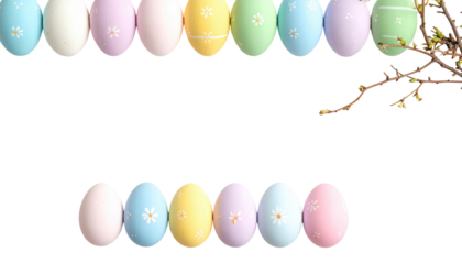 Pastel Easter eggs frame a black background with budding branches near edge
