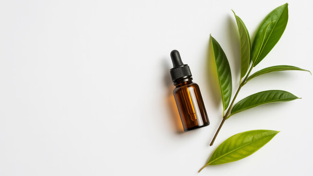 Natural organic essential oil in a dropper bottle with green leaves on a white background