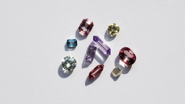 A vibrant collection of colorful faceted gemstones, sparkling brilliantly and meticulously isolated on a pristine white background, perfect for luxury jewelry themes