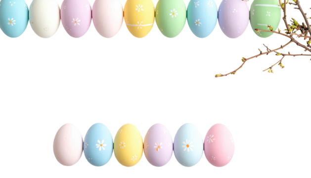 Pastel Easter eggs frame a black background with budding branches near edge - Powered by Adobe