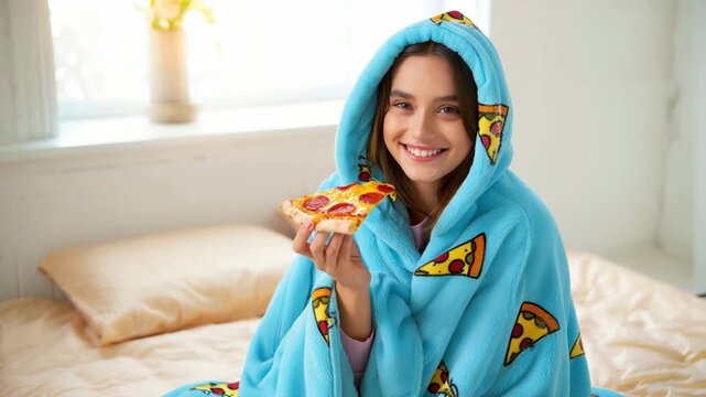 Wearable blanket hoodie with pizza pattern for cozy home relaxation and casual comfort, oversized loungewear, soft fleece texture, leisure activity, indoor warmth, lifestyle enjoyment